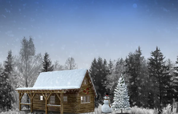 Pupazzo di neve nel bosco vicino all'albero di Natale festivo . — Foto Stock