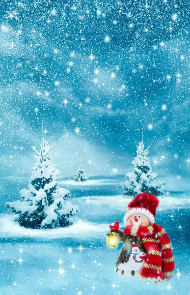 Bakgrund För Jul Gratulationskort Med Bild Vinter Landskap Snögubbe Och — Stockfoto