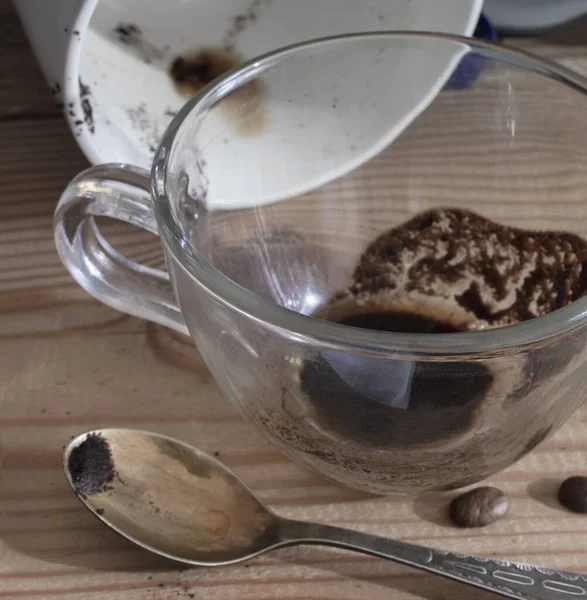 Vista Lateral Una Taza Café Vacía Con Manchas Café Parte — Foto de Stock