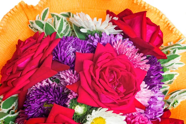 Bunch of flowers: roses, asters, camomiles on a white background — Stock Photo, Image