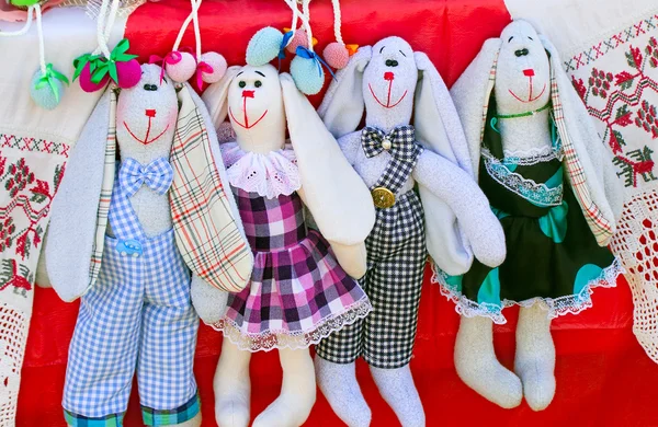 Needlework, original toys in the form of amusing dolls — Stock Photo, Image