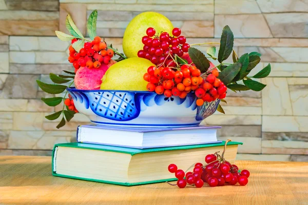 Csendélet: könyvek és gyümölcsök és bogyók egy szép váza. — Stock Fotó