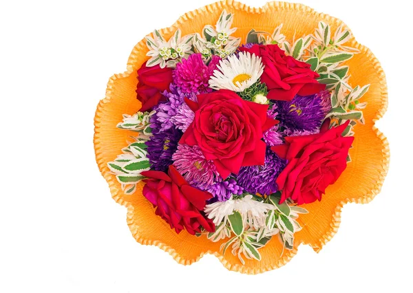 Blumenstrauß: Rosen, Astern, Kamillen auf weißem Hintergrund — Stockfoto