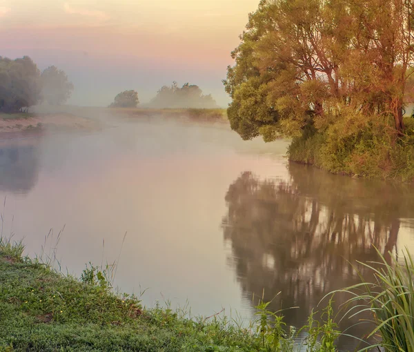 Mattina nebbiosa e un piccolo fiume . — Foto Stock