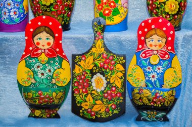 Traditional Russian Souvenirs, decorated with ornaments. clipart