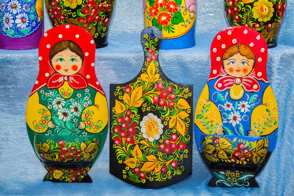 Traditional Russian Souvenirs, decorated with ornaments.