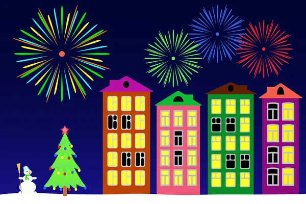 New year night in the town. Vector illustration. — Stock Vector