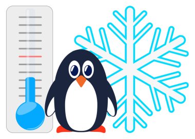 Bir termometre ve kar tanelerinin arkaplanındaki penguen.
