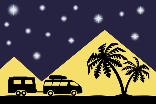 Silhouette of the car and palm trees. — Stock Vector