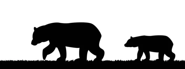 Silhouette of a she-bear and a bear cub in the grass. — Stock Vector