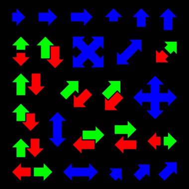 Koyu arkaplanda renkli oklar kümesi.