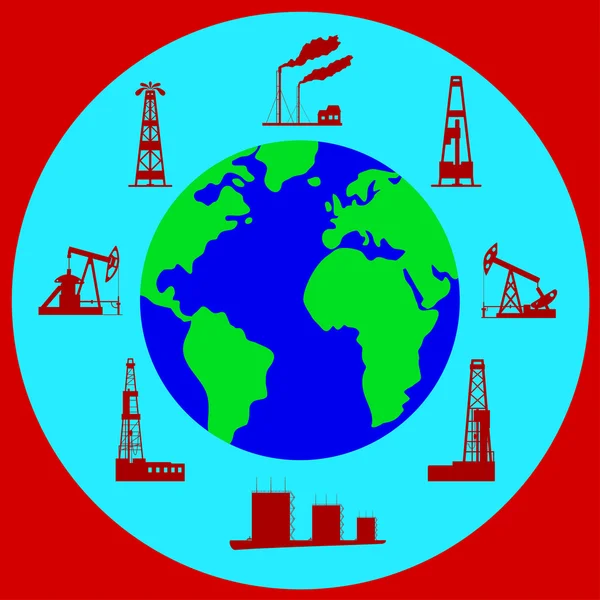 Глобусы и силуэты нефтяной промышленности . — стоковый вектор