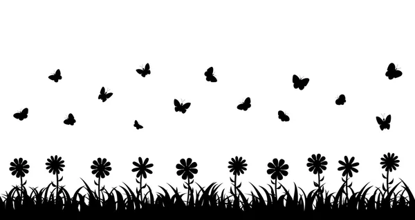 Mariposas sobre la hierba y las flores . — Archivo Imágenes Vectoriales