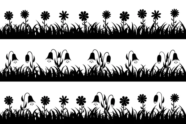 Instellen van naadloze silhouet gras en bloemen. — Stockvector