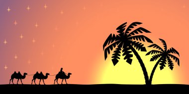 Gün batımında deve adamla.