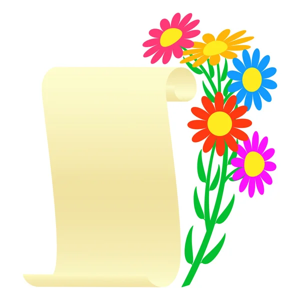 Boeket van bloemen en een scroll. — Stockvector