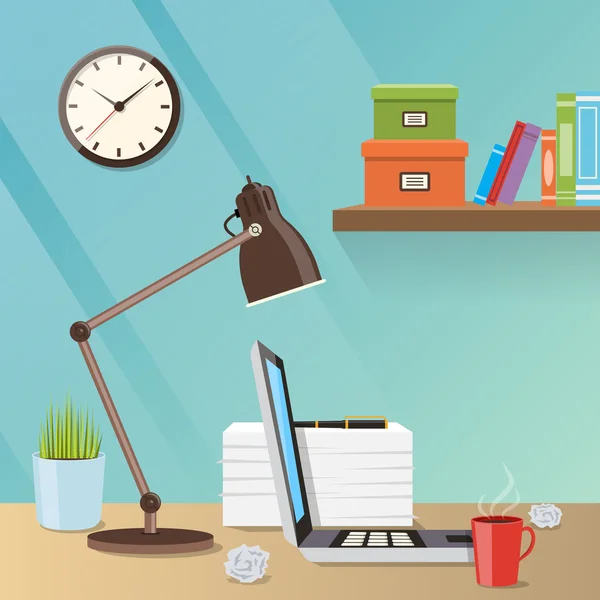 Современная творческая иллюстрация рабочего пространства с рабочим столом, лампой и ноутбуком — стоковый вектор
