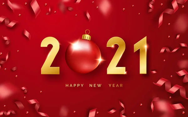 Mutlu yıllar 2021. Parlak rakamlarla, toplarla ve kurdelelerle donatılmış bir arka plan. Kırmızı arka planda yeni yıl ve yılbaşı kartı illüstrasyonları. 2021 altın sayısının tatil illüstrasyonu — Stok Vektör