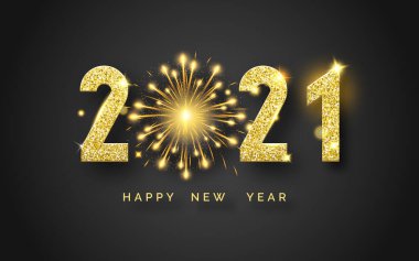 Mutlu yıllar 2021. Parlak rakamlar ve havai fişeklerle donatılmış bir arka plan. Siyah arka planda yeni yıl ve Noel kartı illüstrasyonları. Altın desenli sayıların tatil illüstrasyonu 2021