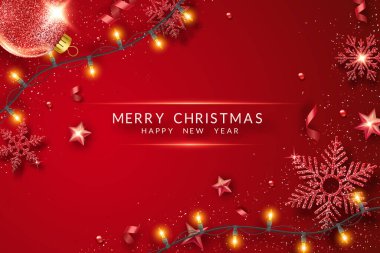 Parlayan yıldızların, konfetilerin, çelenklerin ve renkli topların olduğu bir Noel arkaplanı. Kırmızı arkaplanda yeni yıl ve Noel kartı illüstrasyonu