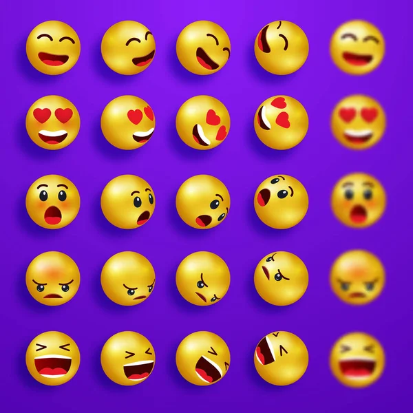 Glimlach kijkt naar gelukkige emoticons. Gele 3d emoji set. Smiley gezicht pictogrammen met verschillende uitdrukkingen. Cartoon personages glimlachen en trieste gezichten — Stockvector