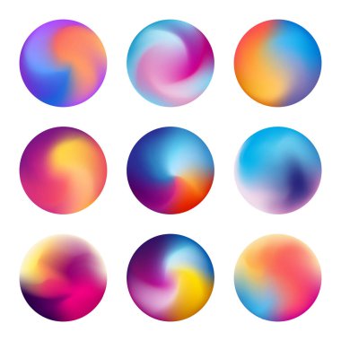 Çok renkli bulanık daireler. Değişken kıvrımlı bulanık küreler. Bulanık gradyan vektör koleksiyonu ile canlı renkli çemberler