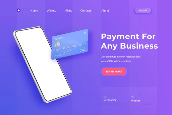 Fehér realisztikus okostelefon és műanyag hitelkártya. 3D-s mobiltelefon üres fehér képernyővel és bankkártyával chipel. Hitelkártya leszálló oldal kék háttérrel — Stock Vector