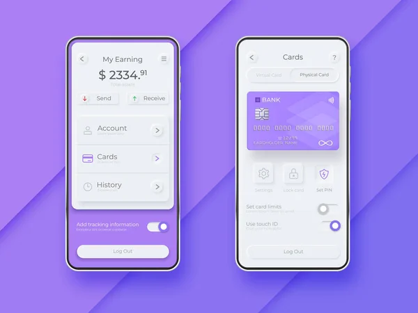 Neumorphic UI комплект на екрані смартфона. Смартфон мобільного платежу. Мобільний інтерфейс гаманця. UI template — стоковий вектор