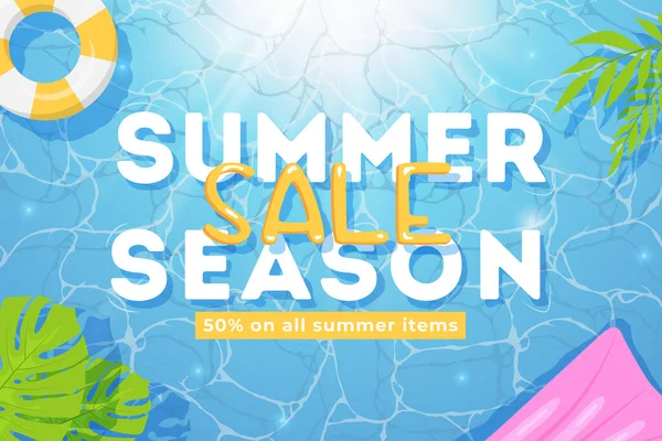 Blue summer sale banner. Top view on summer decoration with sea, sun rays, plants and objects. Concept of seasonal sale — Stock Vector
