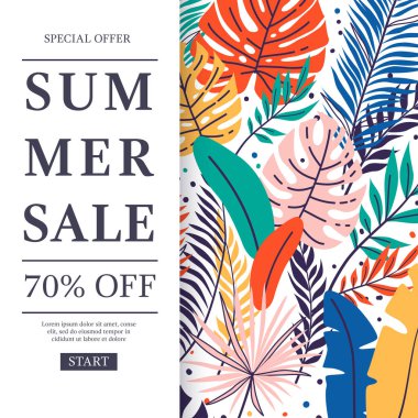 Summer sale banner with hand drawn tropical leaves. Floral pattern design. Palm tree branch. Jungle exotic leaves background