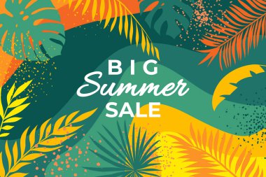 Tropikal yapraklı yaz pankartı. Palmiye dalları ve el çizimi daireleri olan soyut bir yaz posteri. Orman bitkileri arka planı. Tropikal bir arka planda bırakır