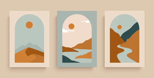 Simplemente carteles con ríos, desierto, sol y montañas. Conjunto de paisajes abstractos rectangulares en colores tierra. Impresiones abstractas con elementos de estilo boho — Vector de stock