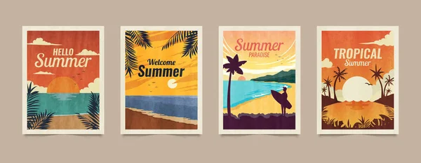 Zomer tropische kaarten. Vakantie posters in retro stijl. Achtergronden met tropische zomerbladeren, landschappen, zonsondergangen en natuurgraphics — Stockvector