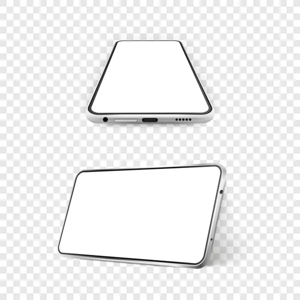 Zwei weiße realistische Smartphone-Attrappen. 3D-Handy mit leerem weißen Bildschirm. Moderne Handy-Vorlage auf weißem Hintergrund. Illustration des 3D-Bildschirms des Geräts — Stockvektor