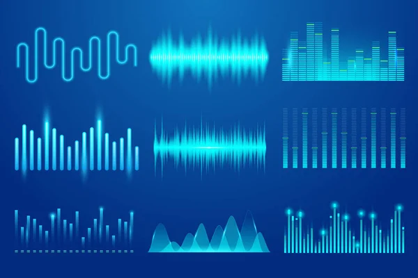 Sada zvukových vln. Šablona audio technologie, hudební puls, zvukové grafy a další prvky. Zvuková vlna pro ekvalizér. Soundwave, soundtrack křivky a rádiový hlas — Stockový vektor