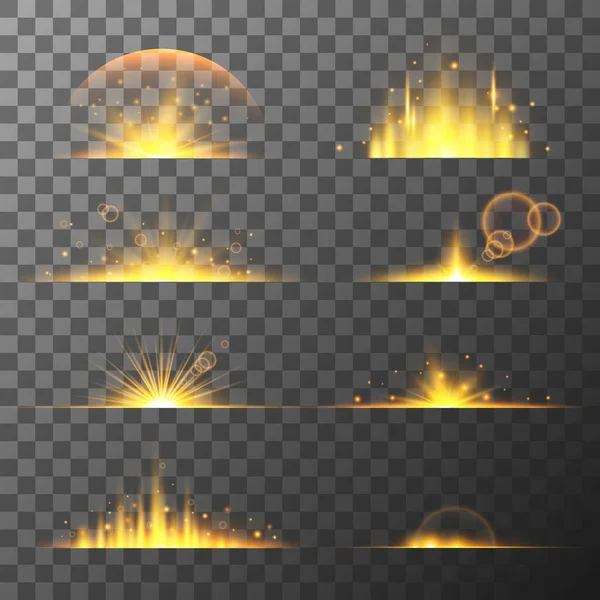 Colección de diferentes efectos de luz de destello. Lente destellos, rayos, estrellas y destellos con colección bokeh. Efecto de luz transparente vectorial — Vector de stock