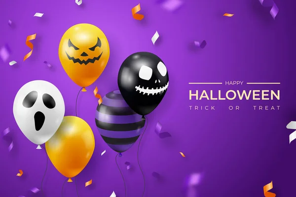 Halloween pozadí s duchy balónky a stuhy dekorace. Děsivé strašidelné tváře na balónech. Prvek dekorace pro halloween oslavu — Stockový vektor