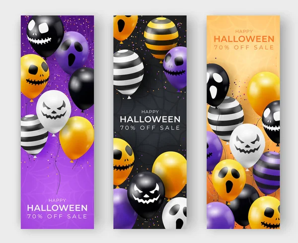 Three Halloween vertical banners with ghost balloons. Creepy scary faces on balloons. Decoration element for halloween celebration — Stock Vector