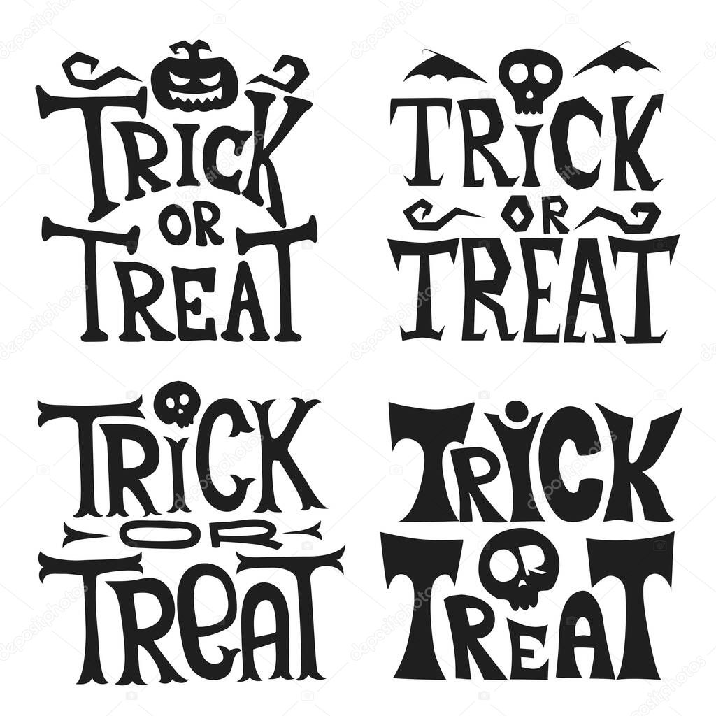 Hand drawn vector Halloween trick or treat lettering. Quote. Horror Halloween poster with hand lettering and decoration elements. Party invitations with hand drawn calligraphy
