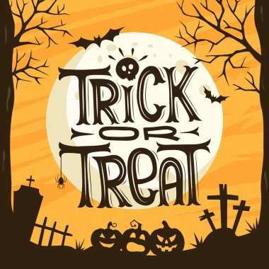 El çizimi Cadılar Bayramı şakası ya da şeker geçmişi. El yazısı ve dekorasyon unsurları olan korkunç Cadılar Bayramı posteri. Parti daveti, kart ya da el yazısı çizilmiş afiş