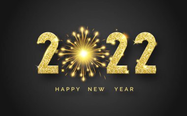 Mutlu yıllar 2022. Parlak rakamlar ve havai fişeklerle donatılmış bir arka plan. Siyah arka planda yeni yıl ve Noel kartı illüstrasyonları. Altın desenli sayıların tatil illüstrasyonu 2022