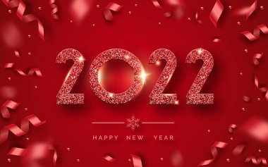Mutlu yıllar 2022. Parlak rakamlar ve kurdelelerle donatılmış bir arka plan. Kırmızı arka planda yeni yıl ve yılbaşı kartı illüstrasyonları. 2022 kırmızı desenli sayıların tatil illüstrasyonu