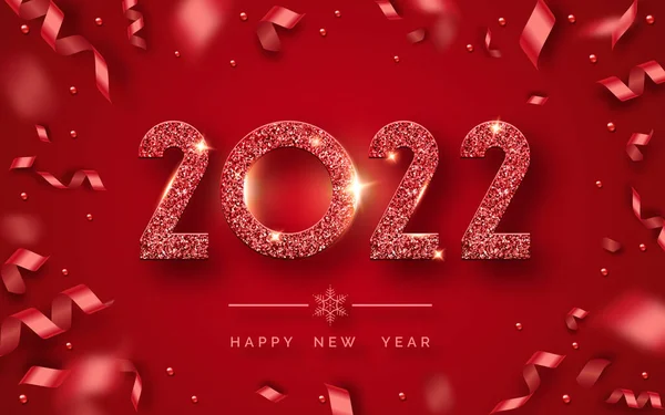 Mutlu yıllar 2022. Parlak rakamlar ve kurdelelerle donatılmış bir arka plan. Kırmızı arka planda yeni yıl ve yılbaşı kartı illüstrasyonları. 2022 kırmızı desenli sayıların tatil illüstrasyonu
