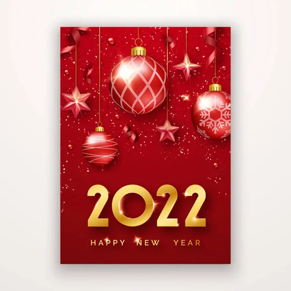 Mutlu yıllar 2022. Parlak rakamlarla, yıldızlarla, konfetilerle, toplarla ve kurdelelerle dolu bir arka plan. Kırmızı arkaplanda yeni yıl ve yılbaşı kartı veya ilanı — Stok Vektör