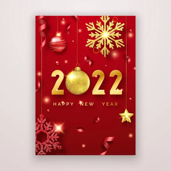Mutlu yıllar 2022. Parlak rakamları, yıldızları, topları ve kurdeleleri olan bir arka plan. Kırmızı arkaplanda yeni yıl ve yılbaşı kartı veya ilanı — Stok Vektör