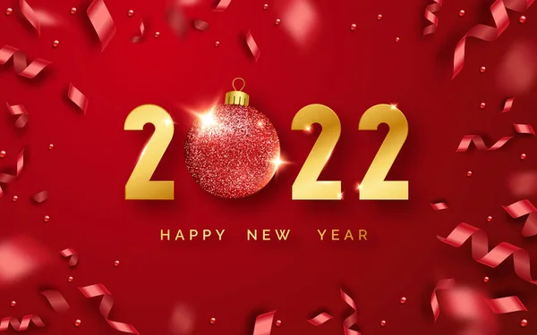 Mutlu yıllar 2022. Parlak rakamlar, toplar ve kurdelelerle donatılmış bir arka plan. Kırmızı arka planda yeni yıl ve yılbaşı kartı illüstrasyonları. 2022 altın sayısının tatil illüstrasyonu — Stok Vektör