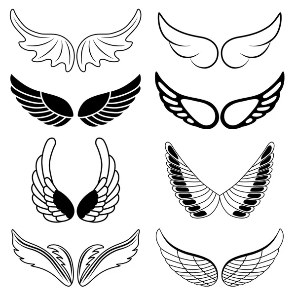 Set of eight black and white silhouettes of wings — Stock Vector