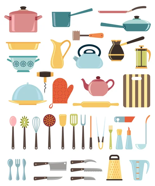 Ensemble d'ustensiles de cuisine et collection d'icônes de batterie de cuisine — Image vectorielle