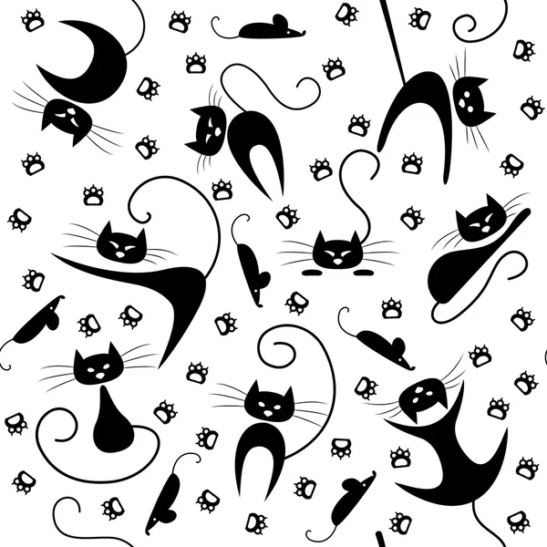 Seamless pattern with black cats, paw prints and mice — Stock Vector