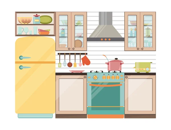 Кухонный интерьер. Кухонная техника и посуда — стоковый вектор